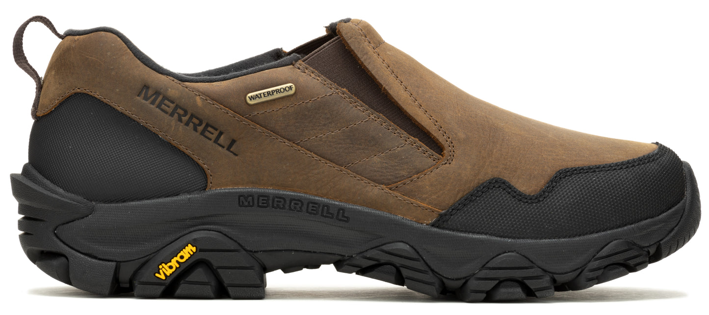 A brown slip-on shoe with a black sole and "MERRELL" and "VIBRAM" logos visible.