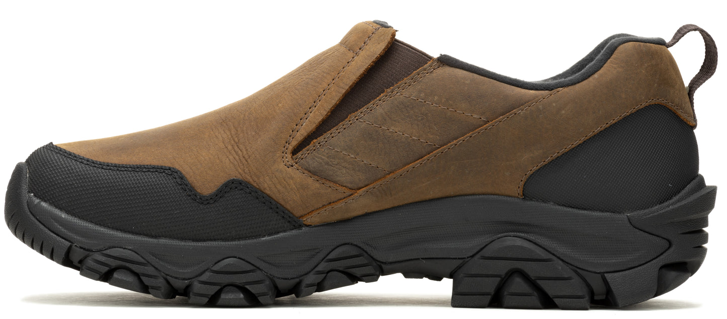 A brown slip-on shoe with a black sole and heel.