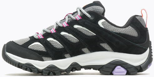Low-cut trail shoe, black suede upper, light gray mesh, white and black laces with pink accents, white midsole, lugged black and lavender outsole.