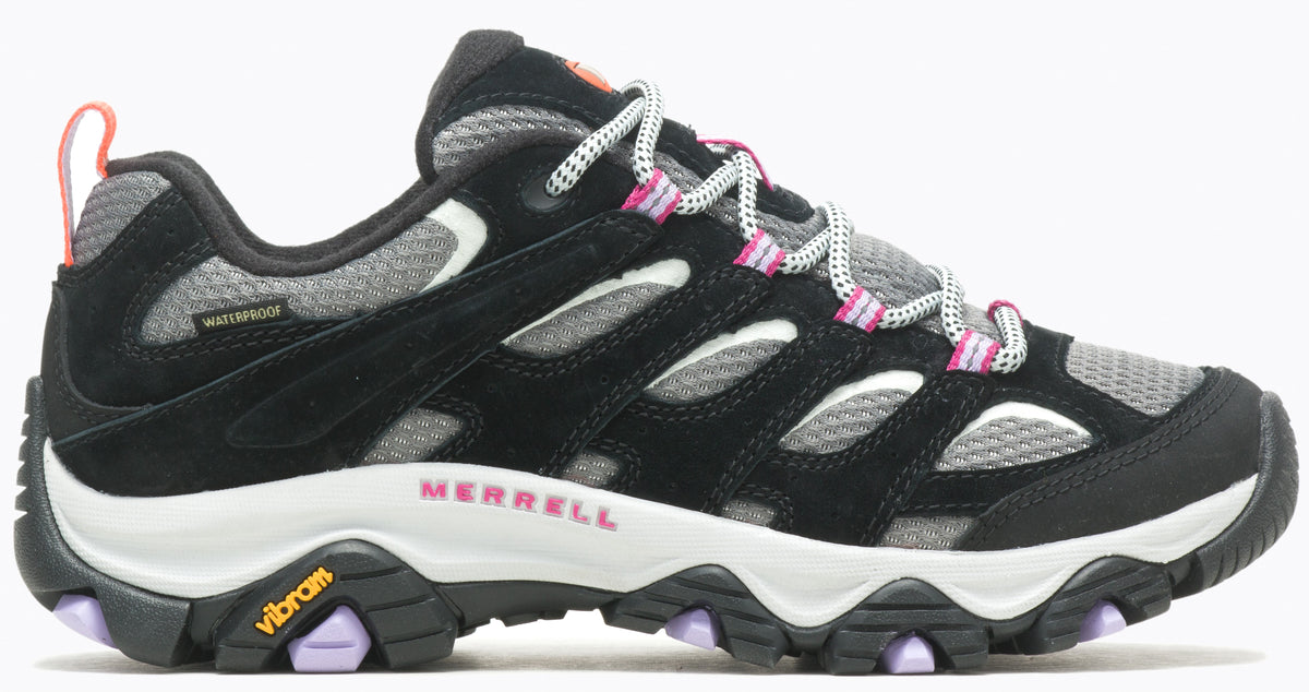 Black, gray, and white hiking shoe with pink accents and Vibram sole.