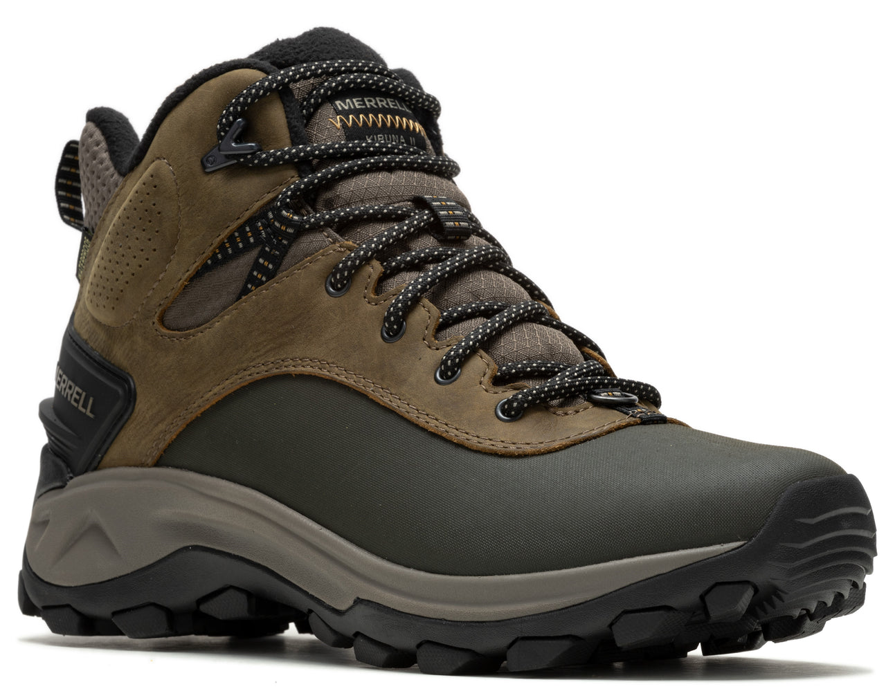 Olive-brown hiking boot with a dark gray lower section and black laces.