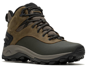 Olive-brown hiking boot with a dark gray lower section and black laces.