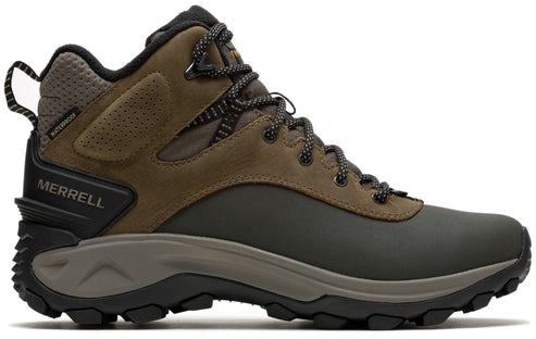 A high-cut, olive-green and brown hiking boot with the word "MERRELL" on its side.