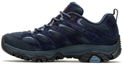 A navy blue hiking shoe with a thick, black lugged sole, visible laces, and a breathable mesh upper.