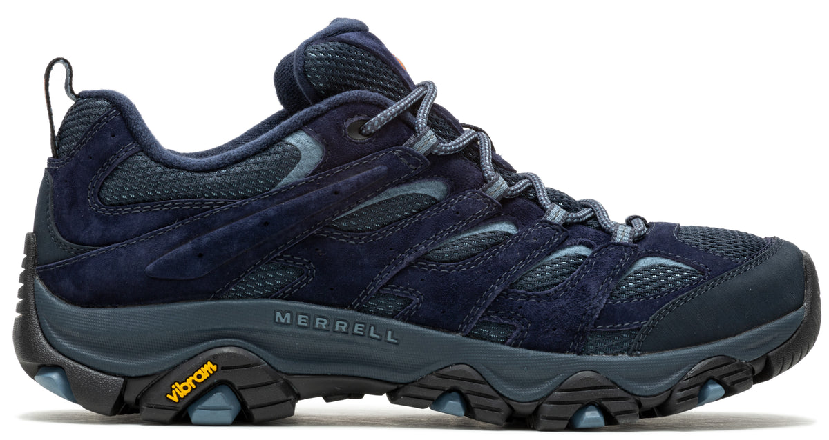 Side view of navy hiking shoe with Vibram sole and laces.