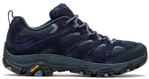 Side view of navy hiking shoe with Vibram sole and laces.