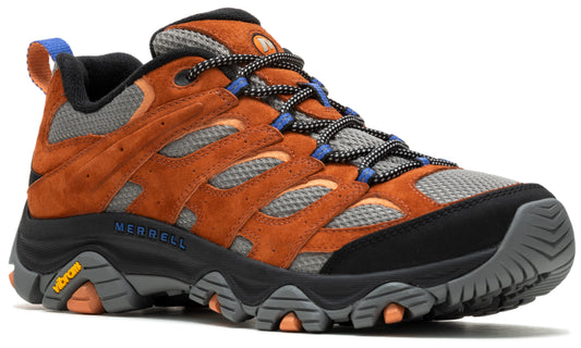 Orange and black hiking shoe with gray mesh and blue accents.