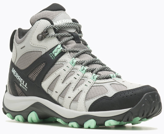 Hiking boot, mostly gray with black accents, round toe, lace-up closure, treaded sole.