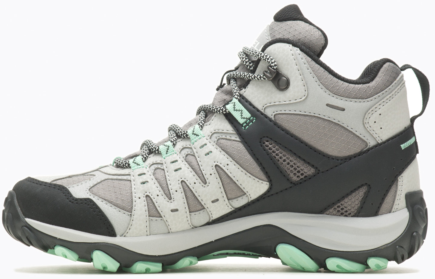 Hiking boot, gray and black, with light green accents, high top, laced.