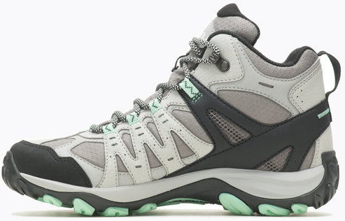 Hiking boot, gray and black, with light green accents, high top, laced.