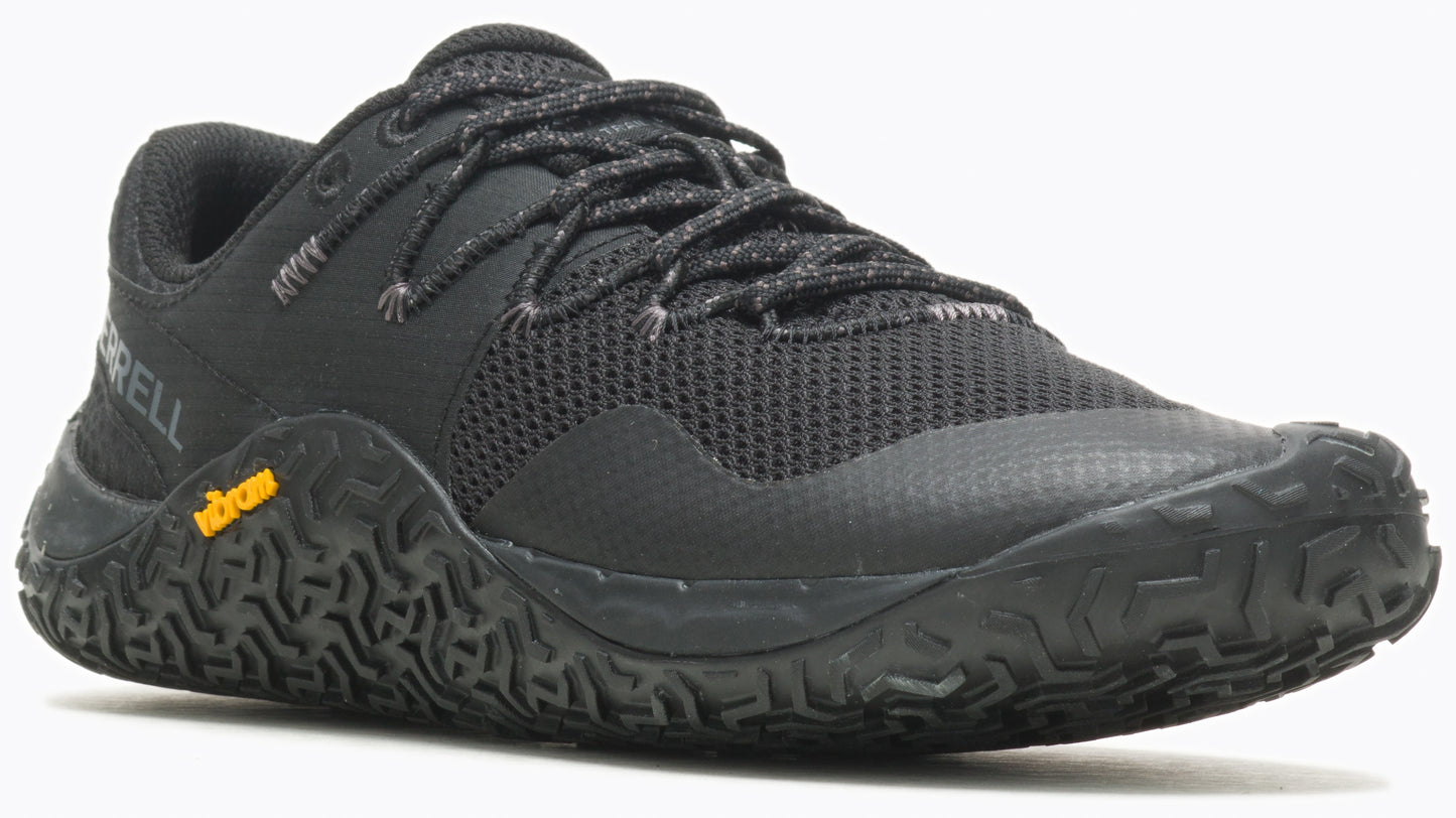 Black trail running shoe with mesh upper, lace-up closure, and textured rubber sole.