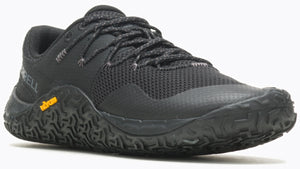 Black trail running shoe with mesh upper, lace-up closure, and textured rubber sole.