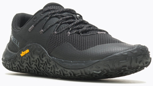 Black trail running shoe with mesh upper, lace-up closure, and textured rubber sole.