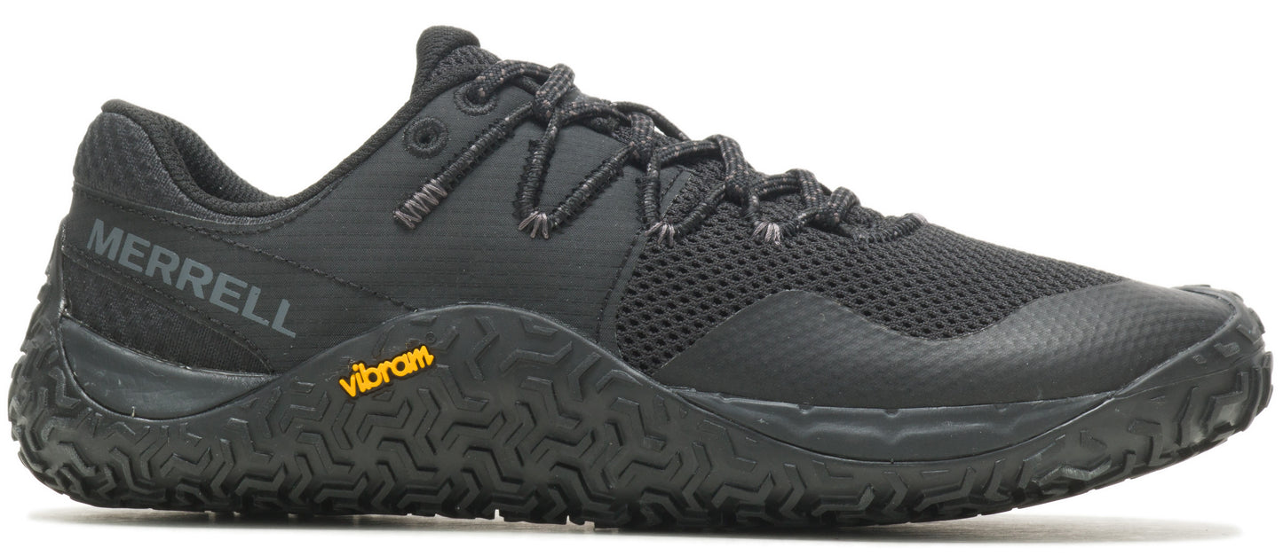 A black athletic shoe with mesh and VIBRAM on the sole.