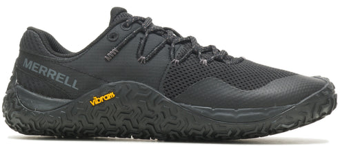A black athletic shoe with mesh and VIBRAM on the sole.