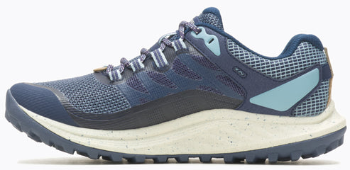 A navy-colored shoe with light gray accents and a speckled sole.