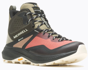 A hiking boot with black laces, a black sole, and a mixed-material upper featuring olive green, deep burgundy, and light peach hues. The word "MERRELL" and the phrase "GORE-TEX" are visible on the side.