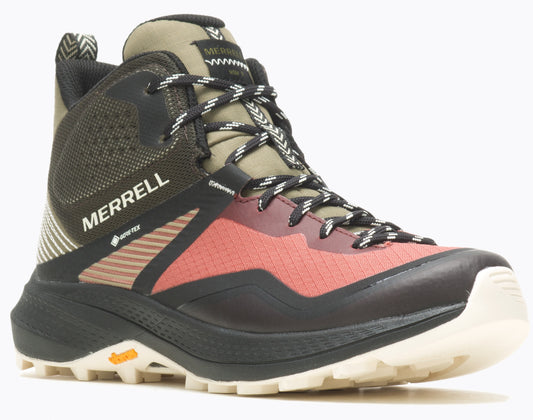 A hiking boot with black laces, a black sole, and a mixed-material upper featuring olive green, deep burgundy, and light peach hues. The word "MERRELL" and the phrase "GORE-TEX" are visible on the side.