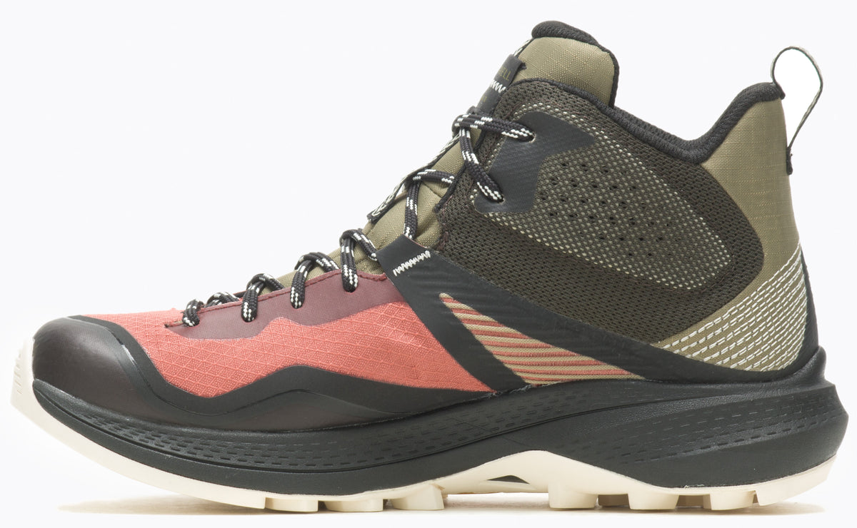 Hiking boot, coral and black toe, black midsole and light tan outsole, olive green ankle and upper.