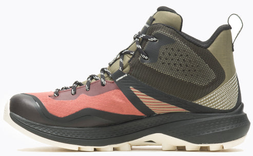 Hiking boot, coral and black toe, black midsole and light tan outsole, olive green ankle and upper.