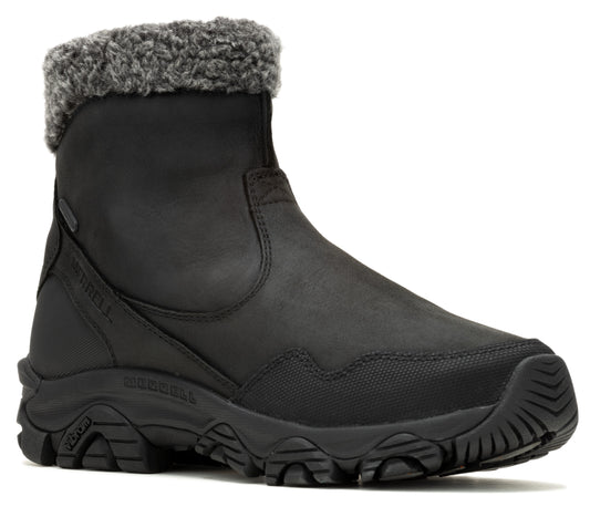 Black ankle snow boot with faux fur trim and black lug sole.