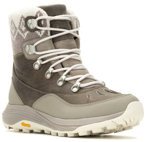 Gray high-top winter boot with white laces and a patterned cuff.