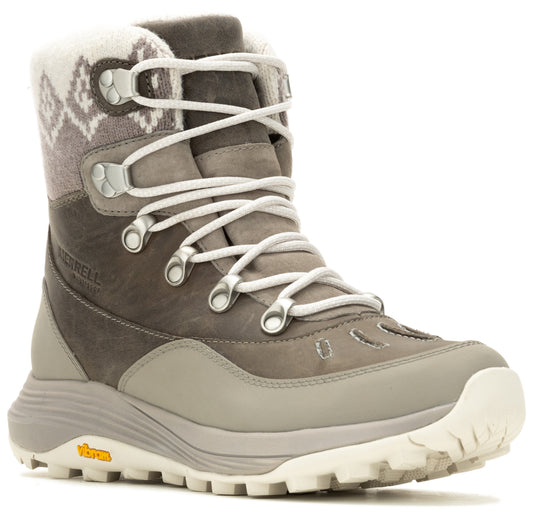 Gray high-top winter boot with white laces and a patterned cuff.