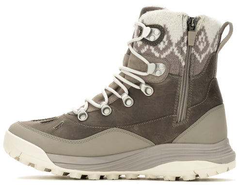 Gray high-top boot with white laces and zipper.