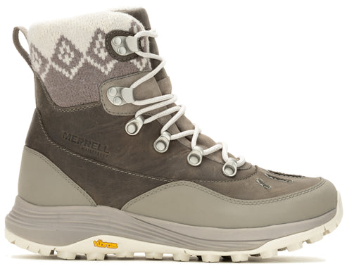 A gray winter boot with white laces and a diamond-patterned knit cuff.