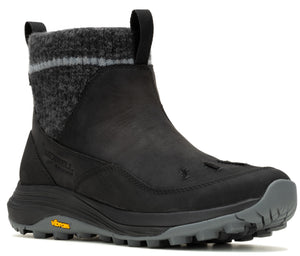 Black ankle boot with sock-like upper; rubber lug sole; pull loop at rear