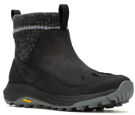 Black ankle boot with sock-like upper; rubber lug sole; pull loop at rear