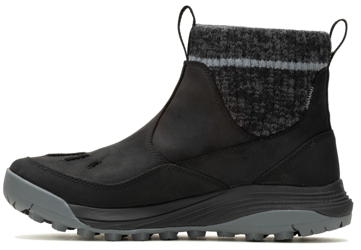 Black ankle boot with gray wool sock cuff and gray sole.
