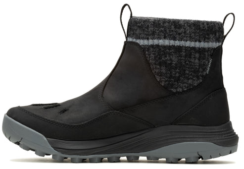 Black ankle boot with gray wool sock cuff and gray sole.