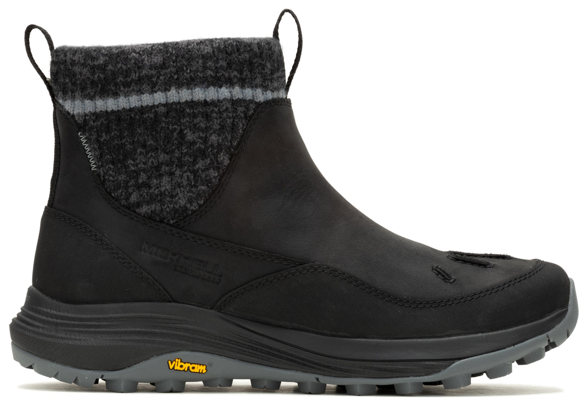 Black ankle boot with gray knit upper and Vibram sole.