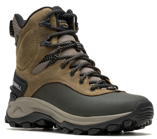 High cut hiking boot in brown and black with patterned laces