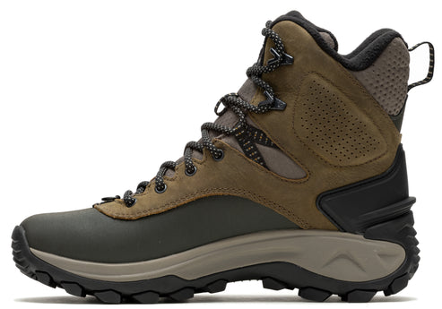 Side view of a dark olive-green and brown hiking boot with black accents and laces.