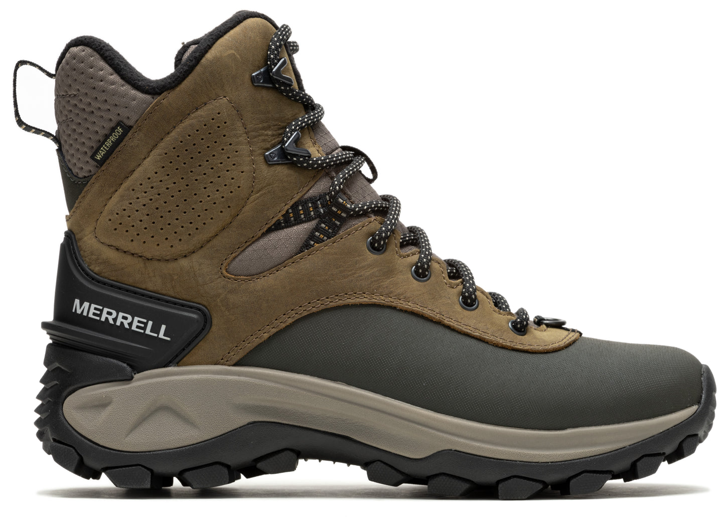A high top hiking boot with brown leather upper, black accents, and a rugged sole.