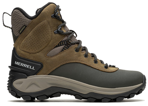 A high top hiking boot with brown leather upper, black accents, and a rugged sole.