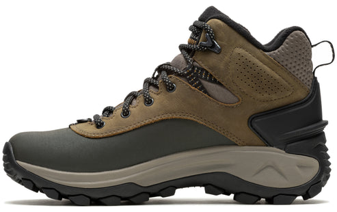 Hiking boot, high ankle, brown leather and green rubber upper, patterned laces, black outsole.