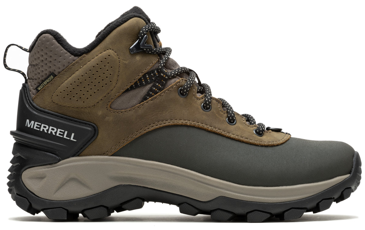 Hiking boot featuring an olive green lower, brown leather upper, black heel, and a gray sole with black treads.