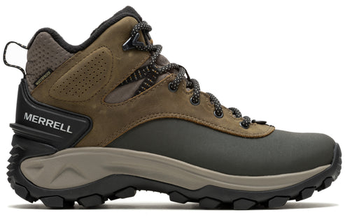 Hiking boot featuring an olive green lower, brown leather upper, black heel, and a gray sole with black treads.