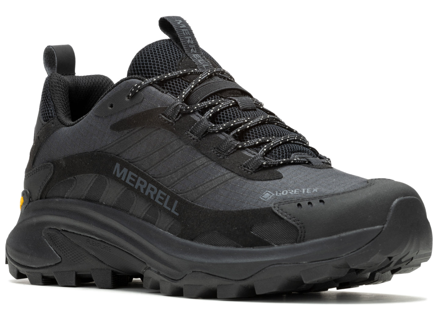 Black athletic shoe with "MERRELL" on the side and laces.