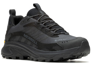 Black athletic shoe with "MERRELL" on the side and laces.