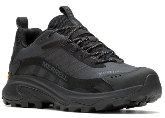 Black athletic shoe with "MERRELL" on the side and laces.