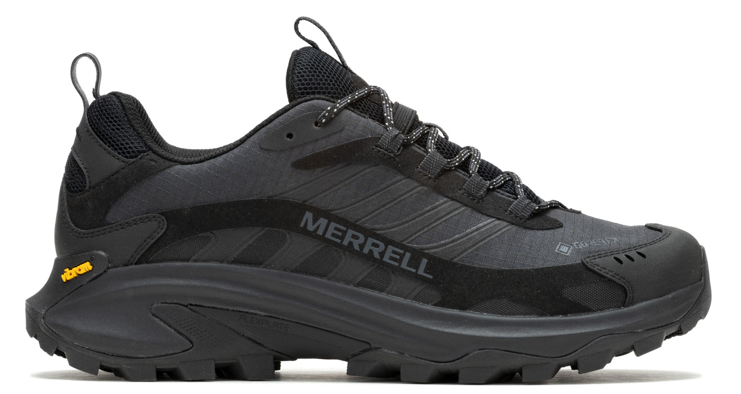 A black athletic shoe with "MERRELL" printed on the side and a yellow Vibram logo.