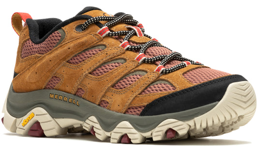 A low-rise hiking shoe in tan suede and mesh with black trim and a lug sole.