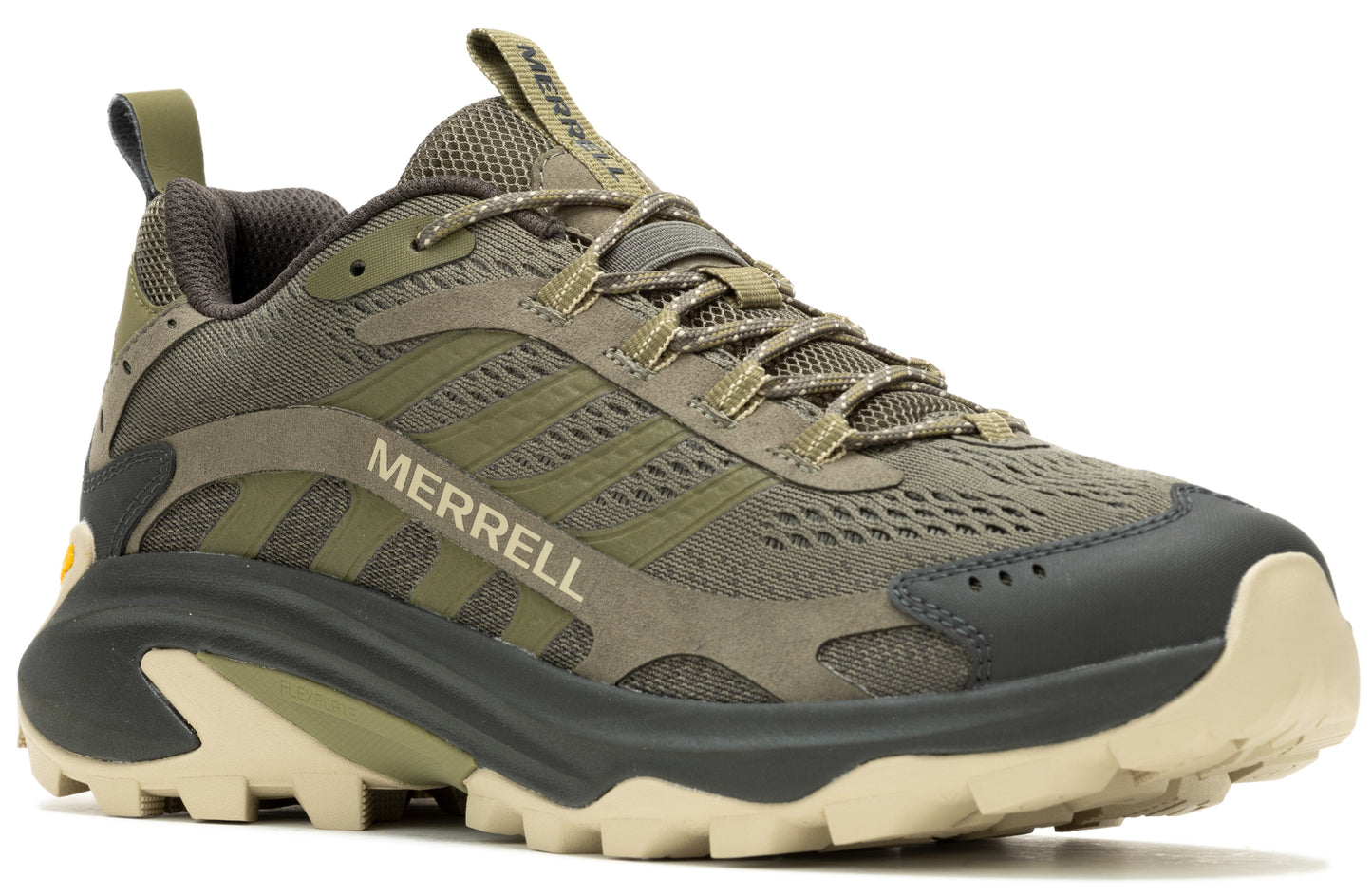 Olive green athletic shoe with mesh, dark gray toe box, cream-colored sole, and text 'MERRELL'.