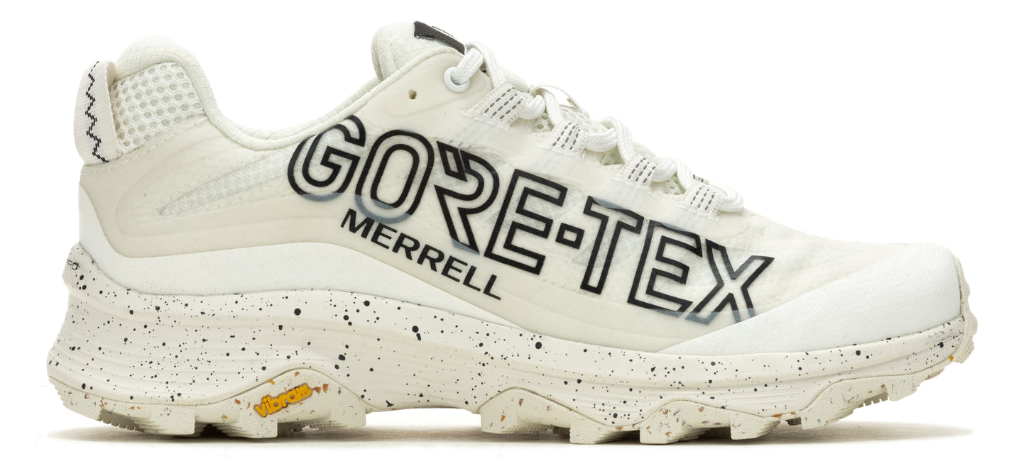 A running shoe in light grey, with GORE-TEX branding.
