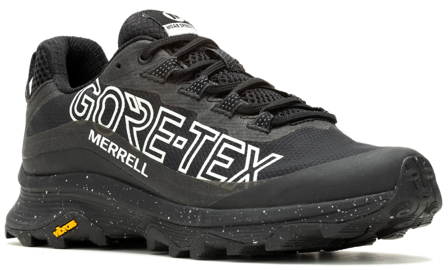Black trail running shoe with "GORE-TEX" and "MERRELL" text.