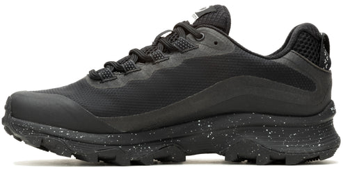 A black running shoe with a speckled sole.